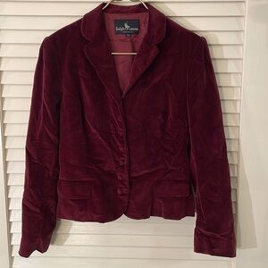 Ralph Lauren Burgundy Cotton Plush 7 Button Down Jacket Flap Pockets